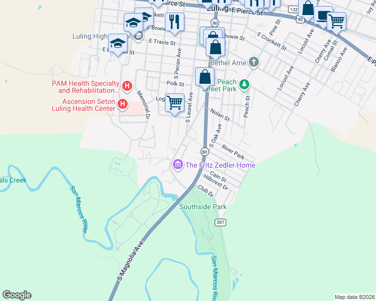 map of restaurants, bars, coffee shops, grocery stores, and more near 127 Rivercrest Street in Luling