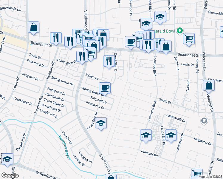 map of restaurants, bars, coffee shops, grocery stores, and more near 11715 South Glen Drive in Houston