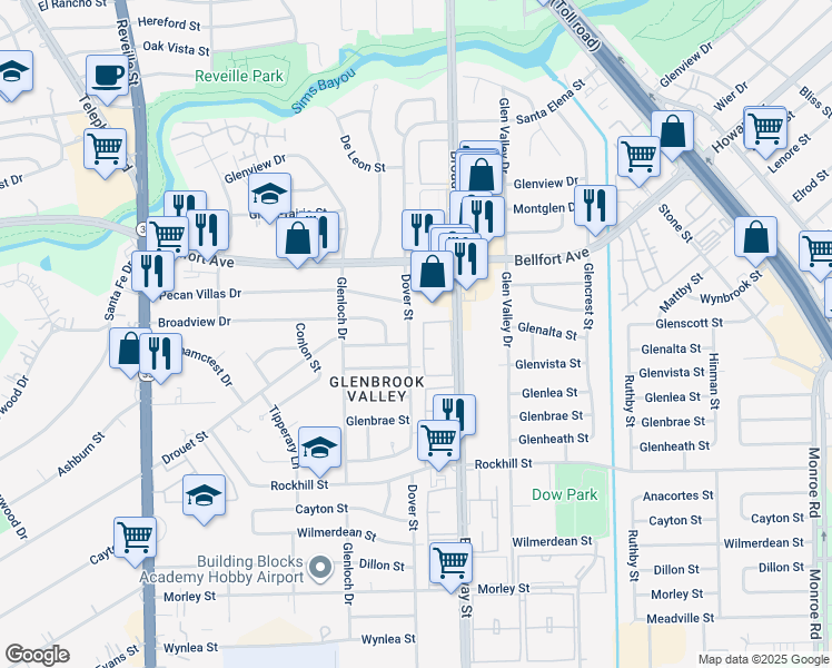 map of restaurants, bars, coffee shops, grocery stores, and more near 8339 Dover Street in Houston