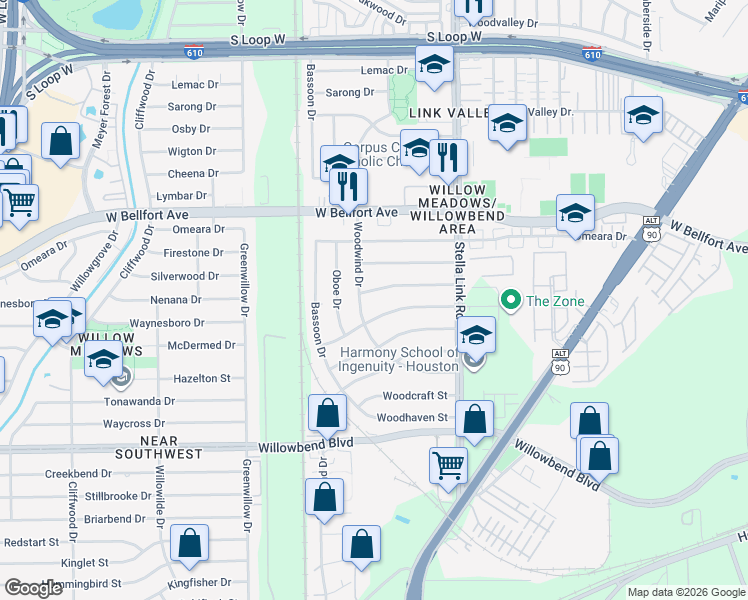 map of restaurants, bars, coffee shops, grocery stores, and more near 4073 Nenana Drive in Houston