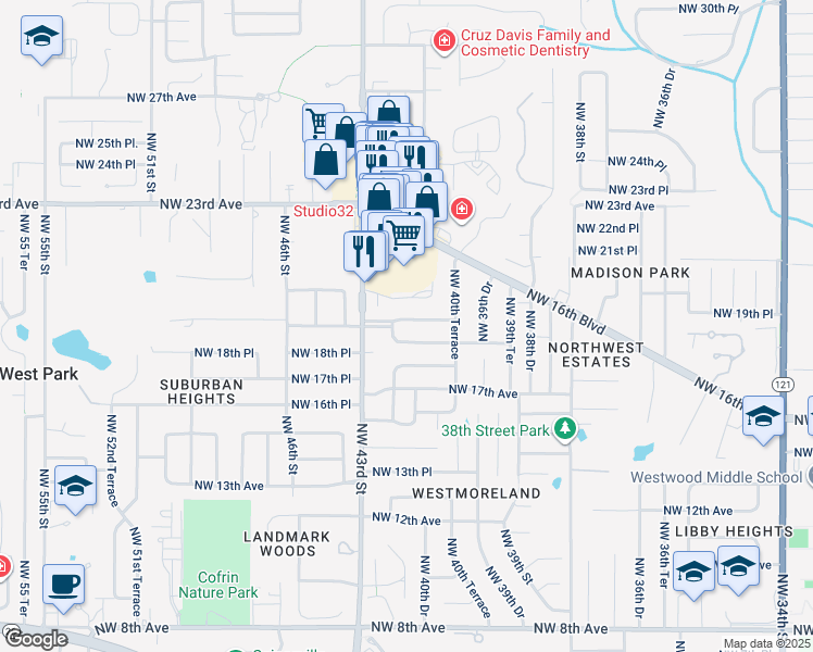 map of restaurants, bars, coffee shops, grocery stores, and more near 4115 Northwest 19th Place in Gainesville