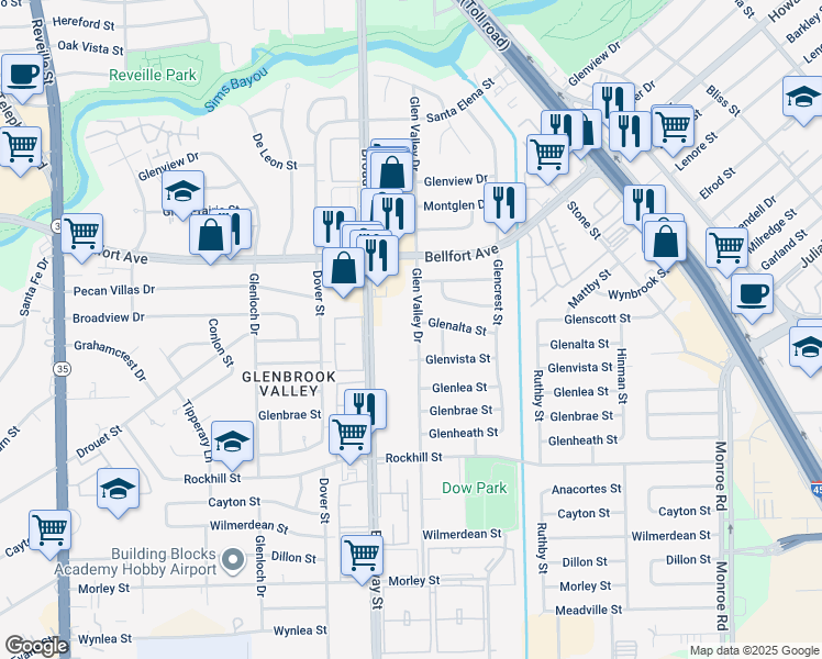 map of restaurants, bars, coffee shops, grocery stores, and more near 8406 Glen Valley Drive in Houston