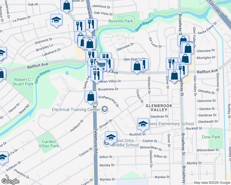 map of restaurants, bars, coffee shops, grocery stores, and more near 7702 Broadview Drive in Houston
