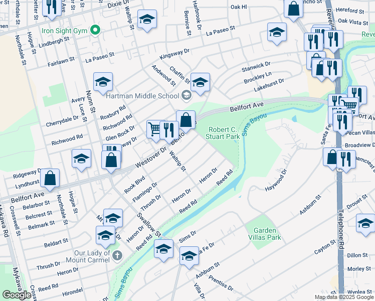 map of restaurants, bars, coffee shops, grocery stores, and more near 7122 Rook Boulevard in Houston