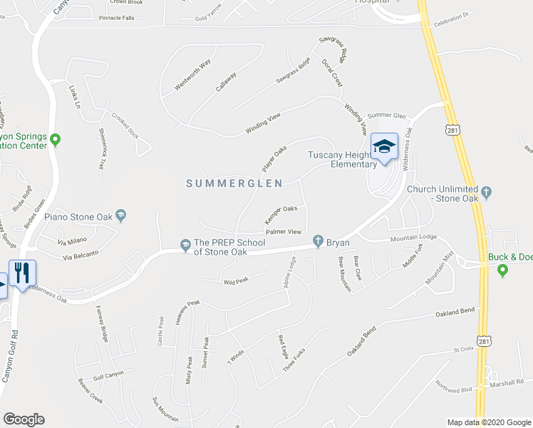 map of restaurants, bars, coffee shops, grocery stores, and more near 24615 Kemper Oaks in San Antonio