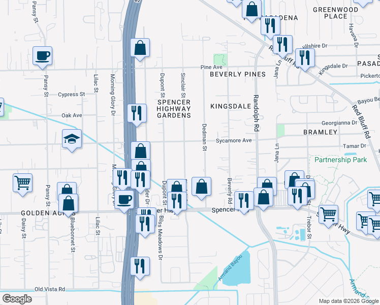 map of restaurants, bars, coffee shops, grocery stores, and more near 2811 Sinclair Street in Pasadena