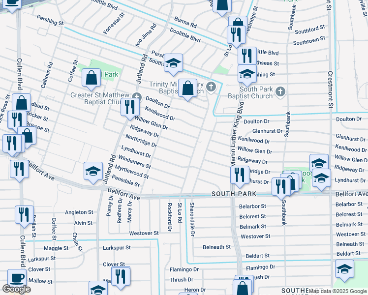 map of restaurants, bars, coffee shops, grocery stores, and more near 5414 Ridgeway Drive in Houston