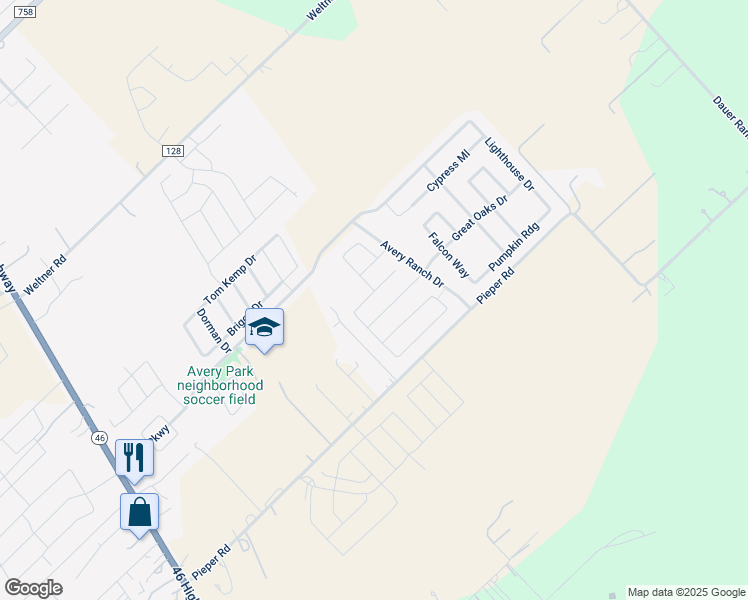 map of restaurants, bars, coffee shops, grocery stores, and more near 740 Guna Drive in New Braunfels