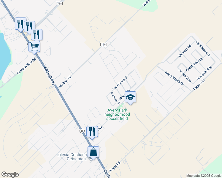 map of restaurants, bars, coffee shops, grocery stores, and more near 509 Tom Kemp Drive in New Braunfels