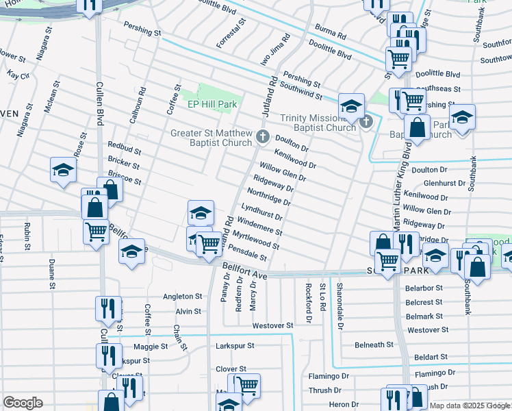 map of restaurants, bars, coffee shops, grocery stores, and more near 5127 Lyndhurst Drive in Houston