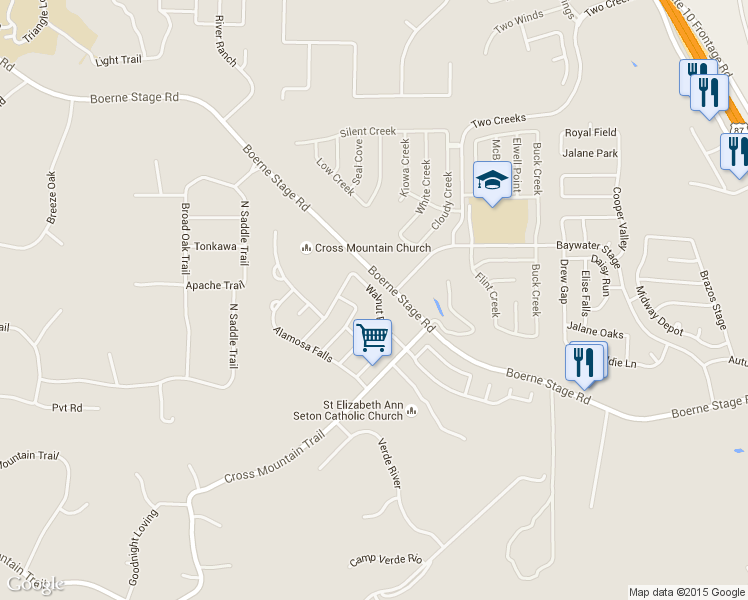 map of restaurants, bars, coffee shops, grocery stores, and more near 24515 Walnut Pass in San Antonio