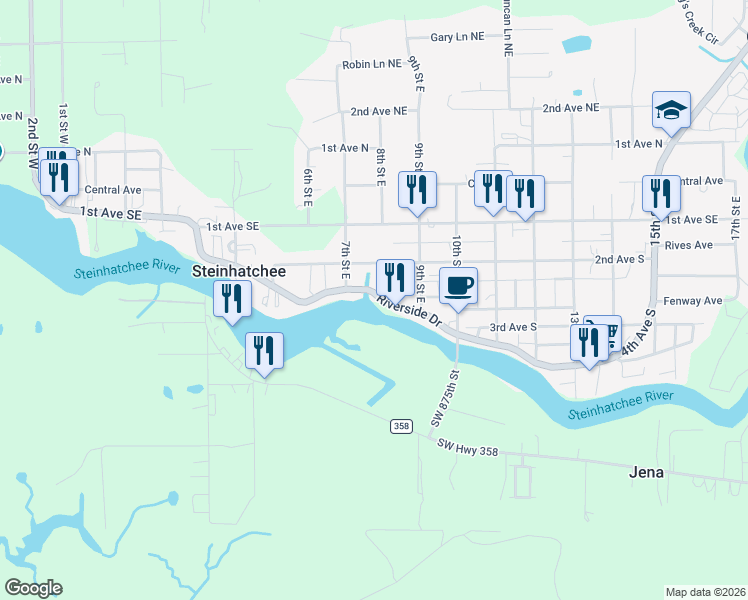 map of restaurants, bars, coffee shops, grocery stores, and more near 718 Riverside Drive in Steinhatchee