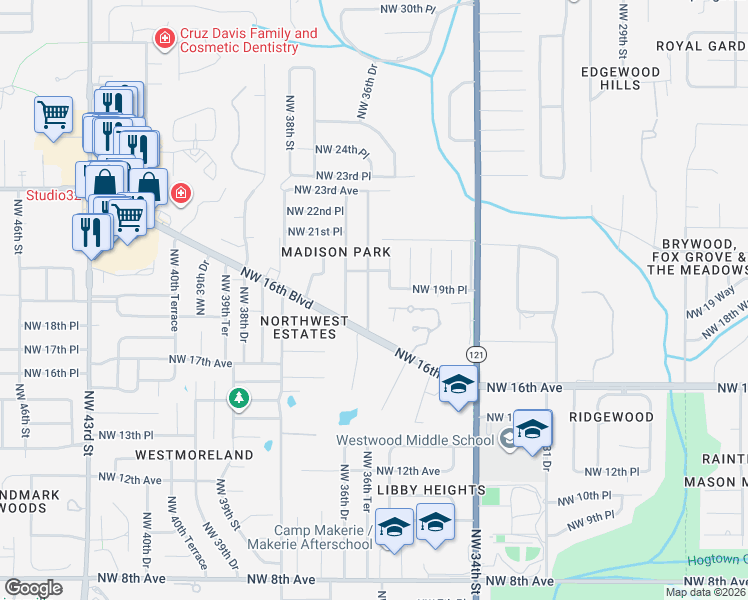 map of restaurants, bars, coffee shops, grocery stores, and more near 1903 Northwest 36th Terrace in Gainesville