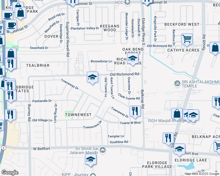 map of restaurants, bars, coffee shops, grocery stores, and more near 10014 Kent Towne Lane in Sugar Land