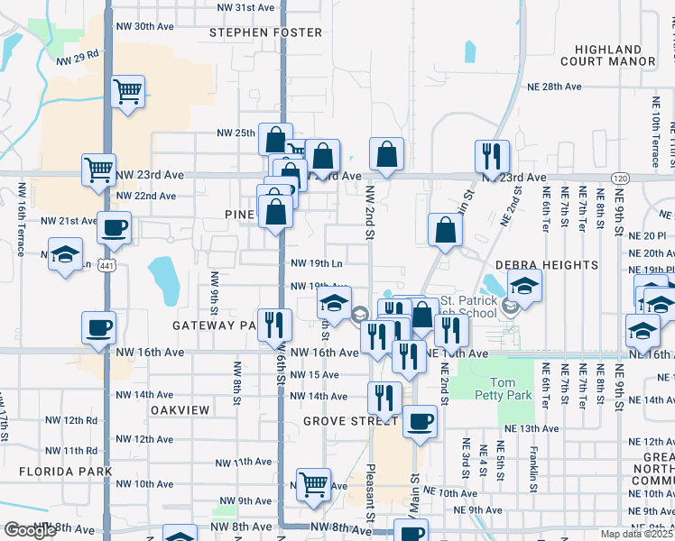 map of restaurants, bars, coffee shops, grocery stores, and more near 225 Northwest 19th Lane in Gainesville