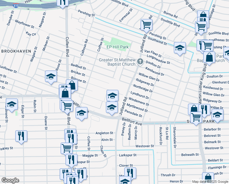 map of restaurants, bars, coffee shops, grocery stores, and more near 5109 Briscoe Street in Houston
