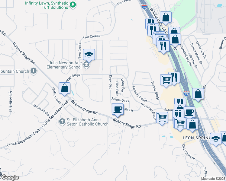 map of restaurants, bars, coffee shops, grocery stores, and more near 24427 Elise Falls in San Antonio