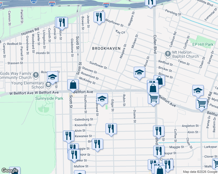 map of restaurants, bars, coffee shops, grocery stores, and more near 4413 McKinley Street in Houston