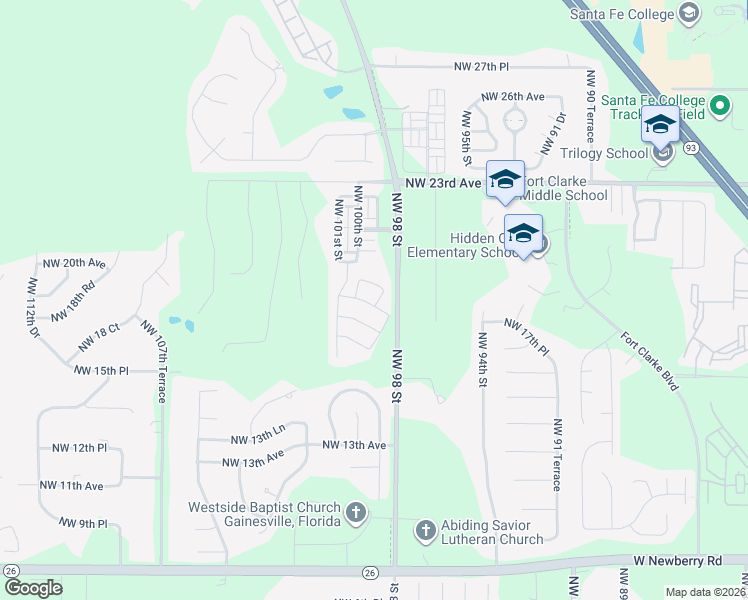 map of restaurants, bars, coffee shops, grocery stores, and more near 9916 Northwest 18th Road in Gainesville