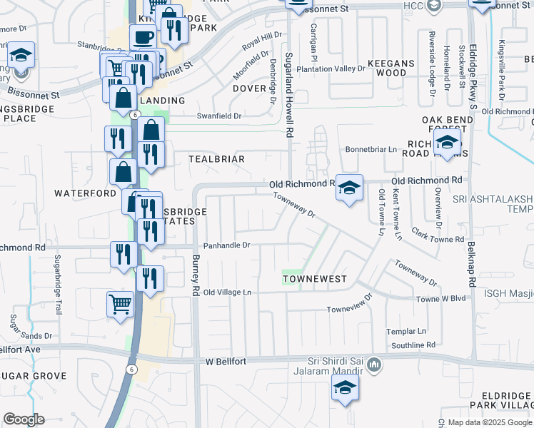 map of restaurants, bars, coffee shops, grocery stores, and more near 10015 Bell Towne Drive in Sugar Land