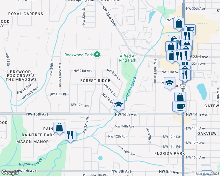map of restaurants, bars, coffee shops, grocery stores, and more near 2046 Northwest 19th Lane in Gainesville