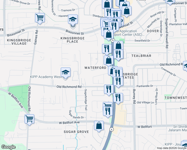map of restaurants, bars, coffee shops, grocery stores, and more near 14902 Alderwick Drive in Sugar Land