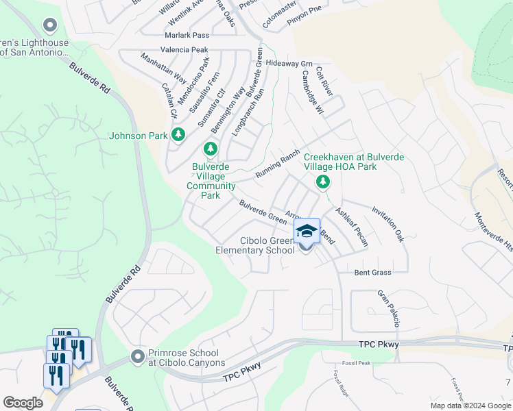 map of restaurants, bars, coffee shops, grocery stores, and more near 24011 Buckthorn Pass in San Antonio