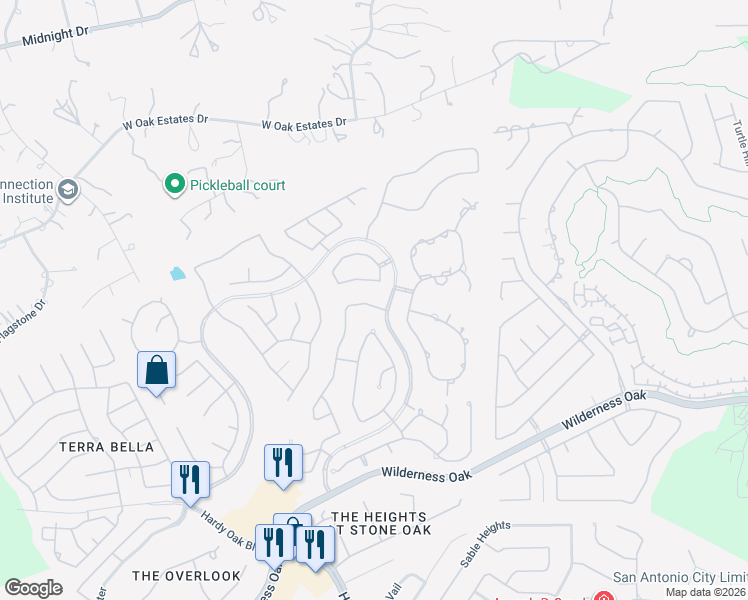 map of restaurants, bars, coffee shops, grocery stores, and more near 538 Tranquil Oak in San Antonio