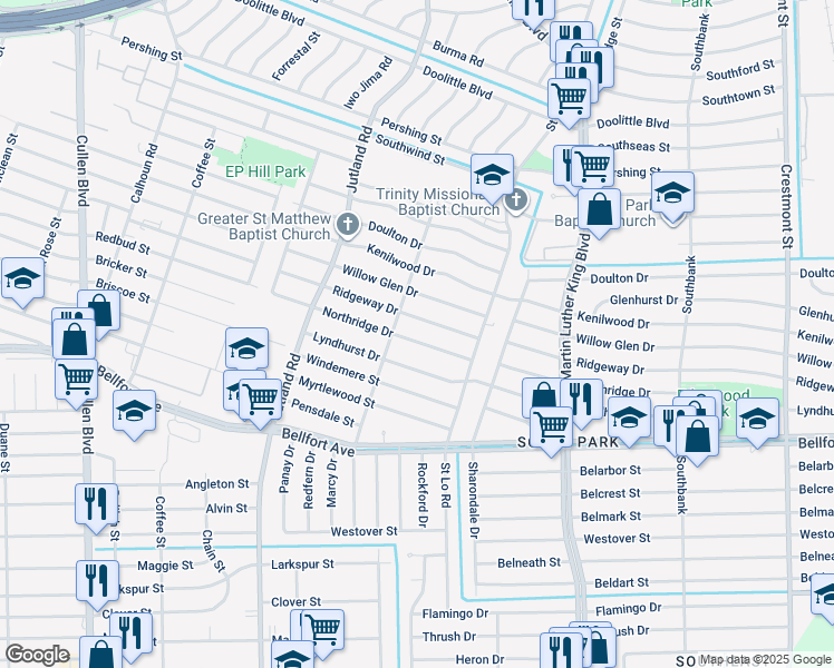 map of restaurants, bars, coffee shops, grocery stores, and more near 5319 Northridge Drive in Houston