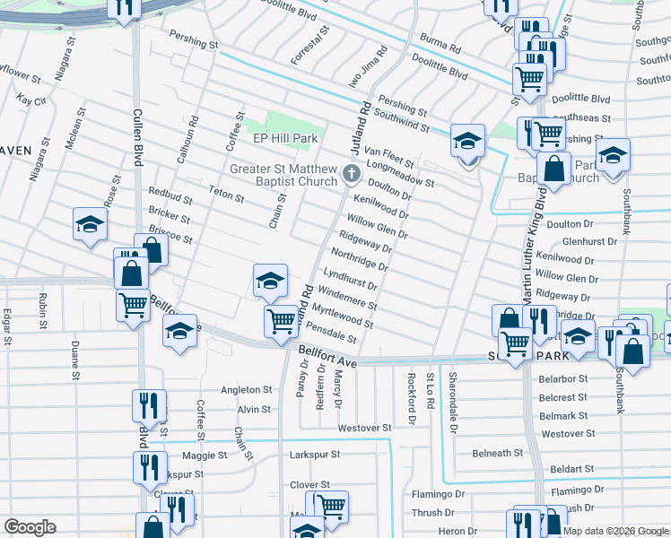 map of restaurants, bars, coffee shops, grocery stores, and more near 5119 Lyndhurst Drive in Houston