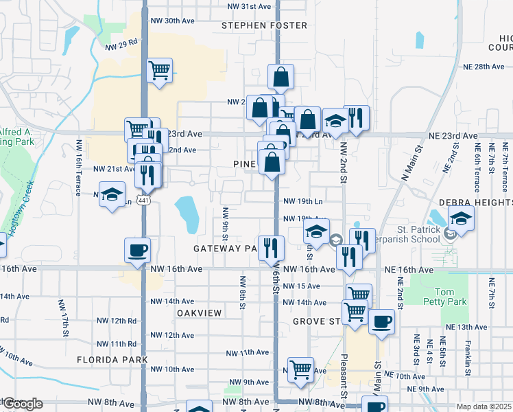 map of restaurants, bars, coffee shops, grocery stores, and more near 705 Northwest 19th Lane in Gainesville