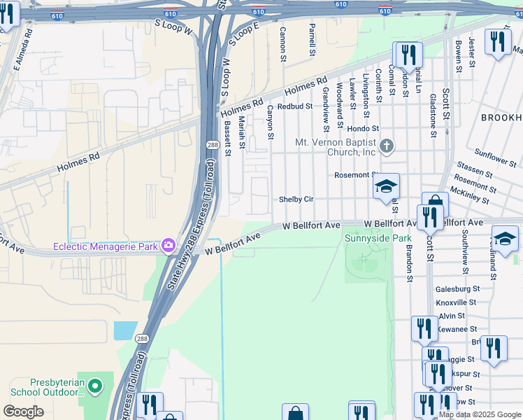 map of restaurants, bars, coffee shops, grocery stores, and more near 8300 Canyon Street in Houston
