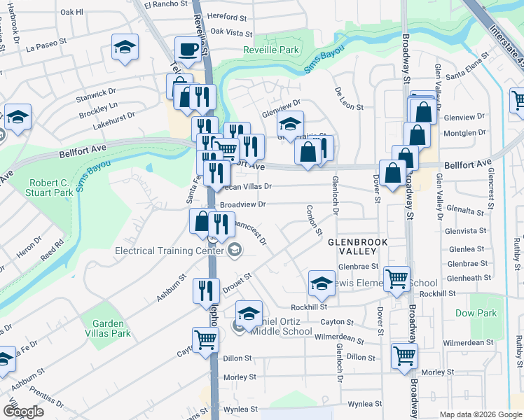 map of restaurants, bars, coffee shops, grocery stores, and more near 7702 Broadview Drive in Houston
