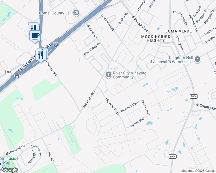 map of restaurants, bars, coffee shops, grocery stores, and more near 773 Vista Parkway in New Braunfels