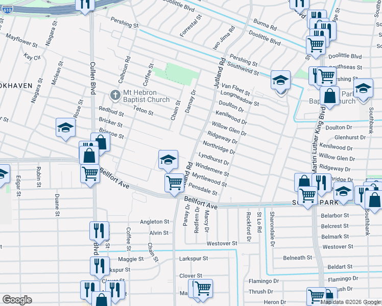 map of restaurants, bars, coffee shops, grocery stores, and more near 7922 Jutland Road in Houston