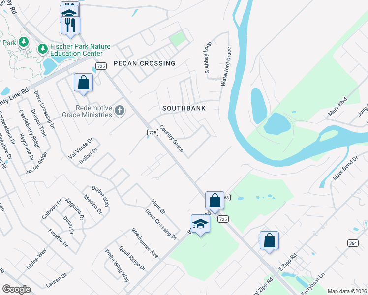 map of restaurants, bars, coffee shops, grocery stores, and more near 2429 Country Grace in New Braunfels