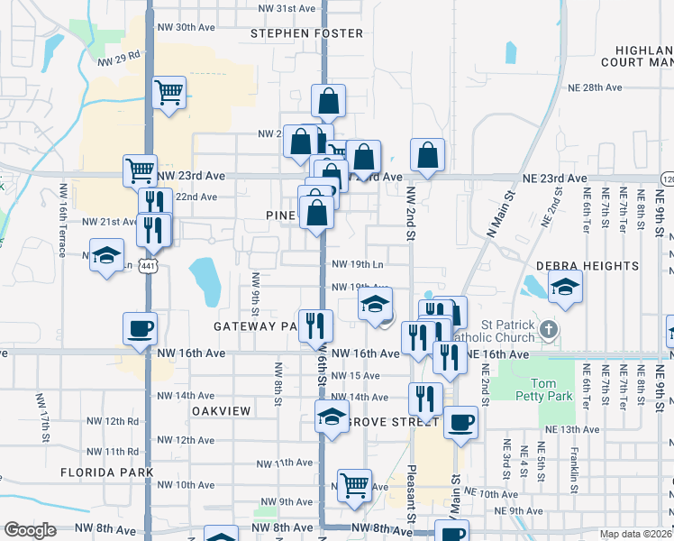 map of restaurants, bars, coffee shops, grocery stores, and more near 1921 Northwest 6th Street in Gainesville