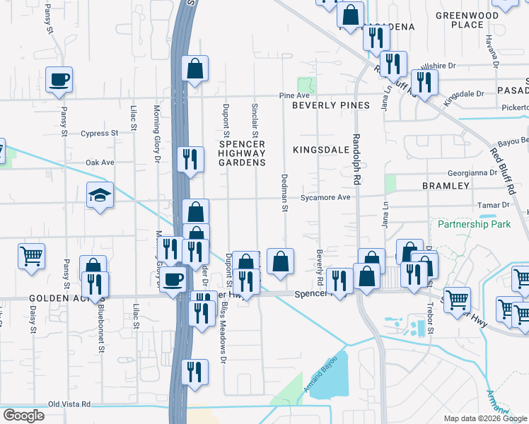 map of restaurants, bars, coffee shops, grocery stores, and more near 2811 Sinclair Street in Pasadena