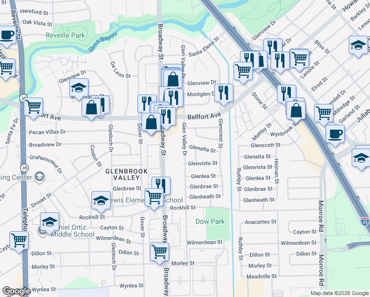map of restaurants, bars, coffee shops, grocery stores, and more near 8406 Glen Valley Drive in Houston