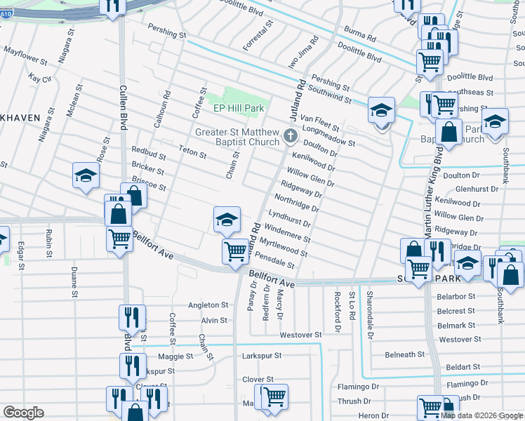 map of restaurants, bars, coffee shops, grocery stores, and more near 7922 Jutland Road in Houston
