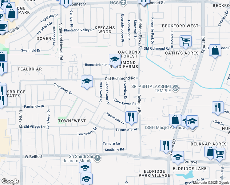 map of restaurants, bars, coffee shops, grocery stores, and more near 10015 Towne Brook Lane in Sugar Land