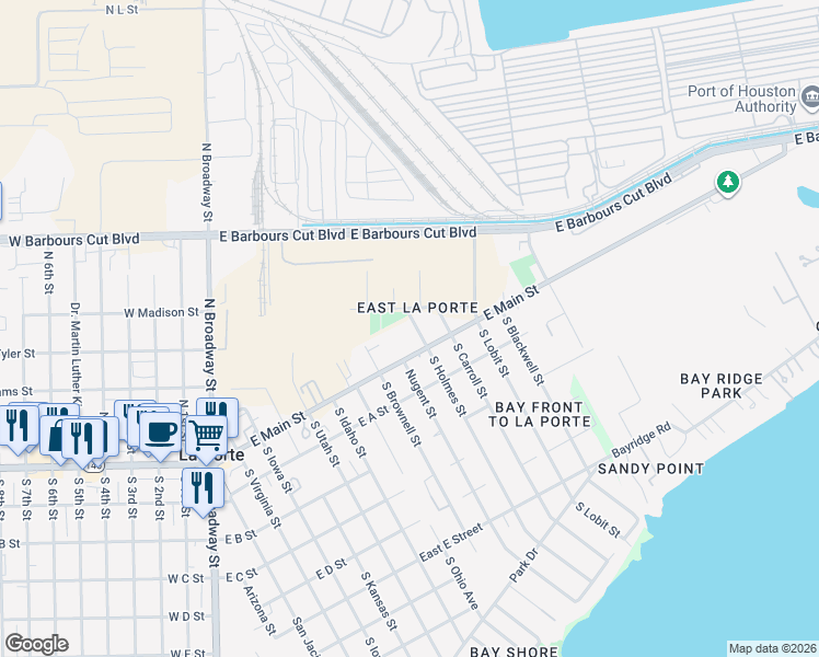 map of restaurants, bars, coffee shops, grocery stores, and more near 113 North Holmes Street in La Porte