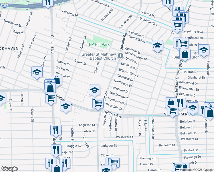 map of restaurants, bars, coffee shops, grocery stores, and more near 7922 Jutland Road in Houston