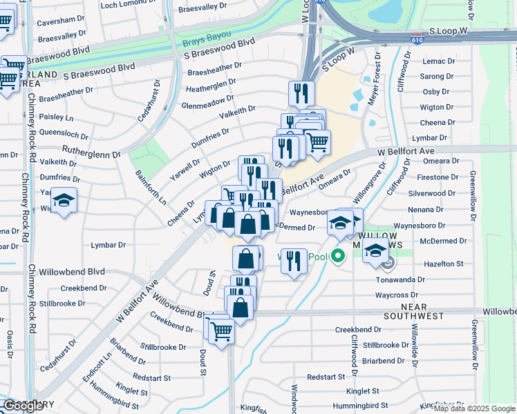 map of restaurants, bars, coffee shops, grocery stores, and more near 4933 West Bellfort Avenue in Houston