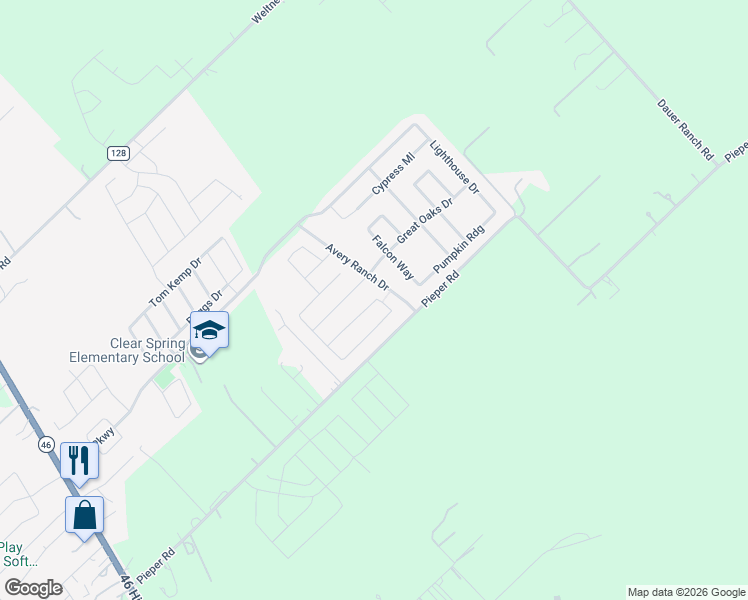map of restaurants, bars, coffee shops, grocery stores, and more near Spectrum Drive in New Braunfels