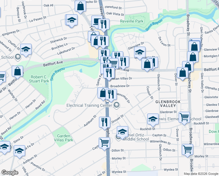 map of restaurants, bars, coffee shops, grocery stores, and more near 6511 Texas 35 in Houston