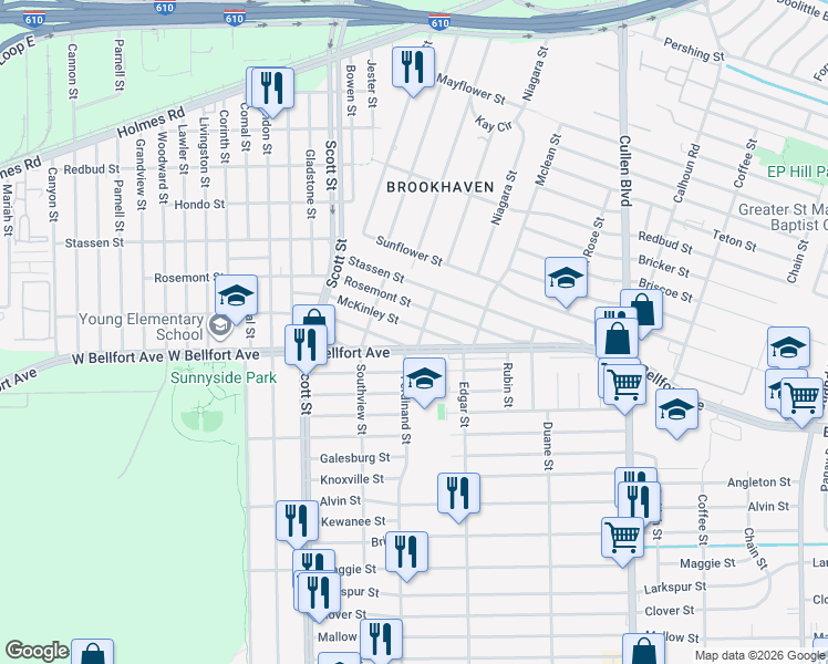 map of restaurants, bars, coffee shops, grocery stores, and more near 4316 McKinley Street in Houston