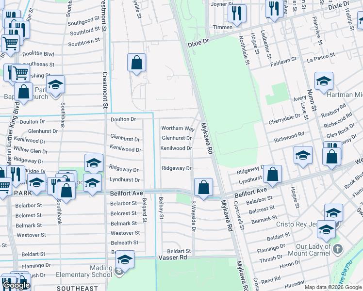map of restaurants, bars, coffee shops, grocery stores, and more near 6139 Kenilwood Dr in Houston