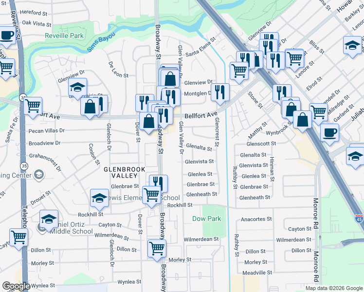 map of restaurants, bars, coffee shops, grocery stores, and more near 8406 Glen Valley Drive in Houston