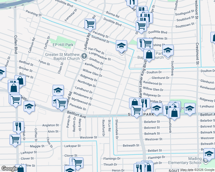 map of restaurants, bars, coffee shops, grocery stores, and more near 5414 Ridgeway Drive in Houston